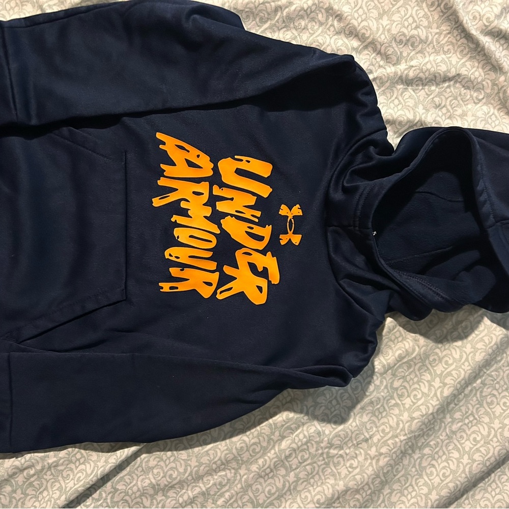 Under Armour Dark Blue Hoodie with Bright Orange Graphic